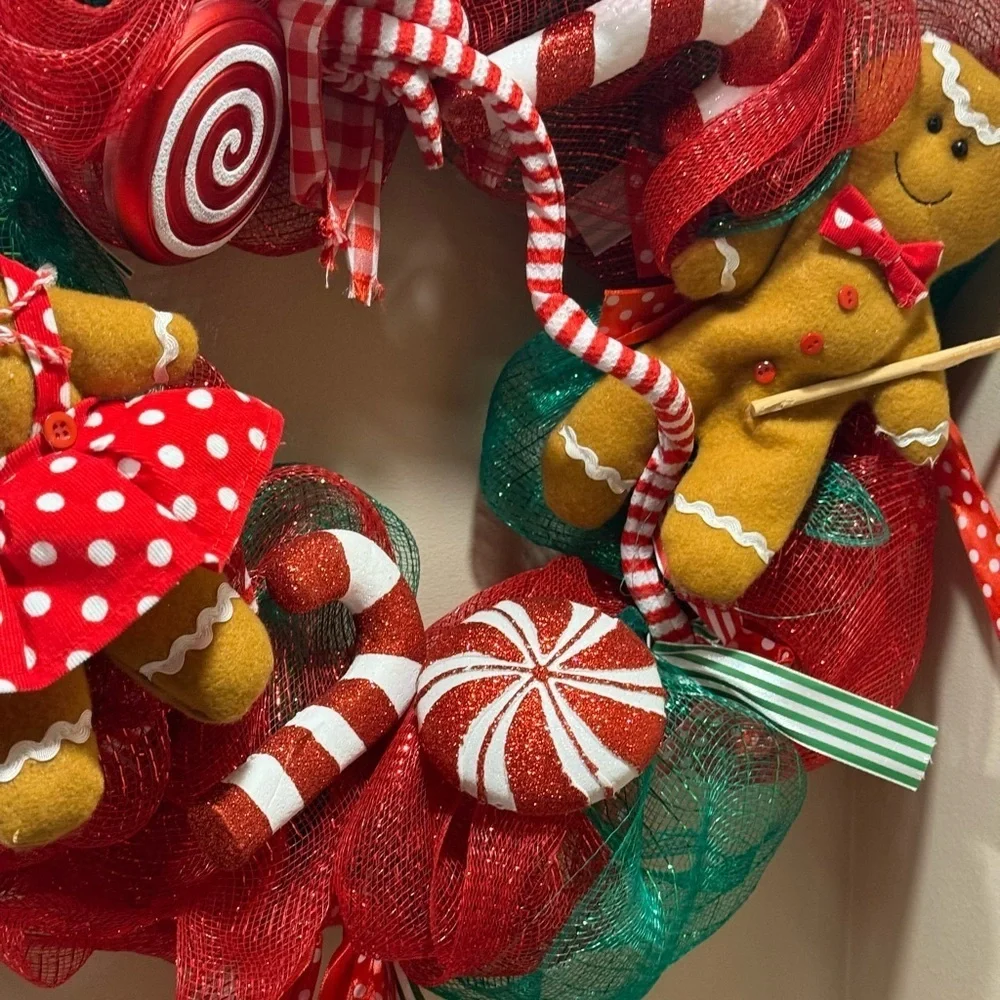 23” Festive Gingerbread Holiday Wreath - Candy Canes Red and Green Handmade